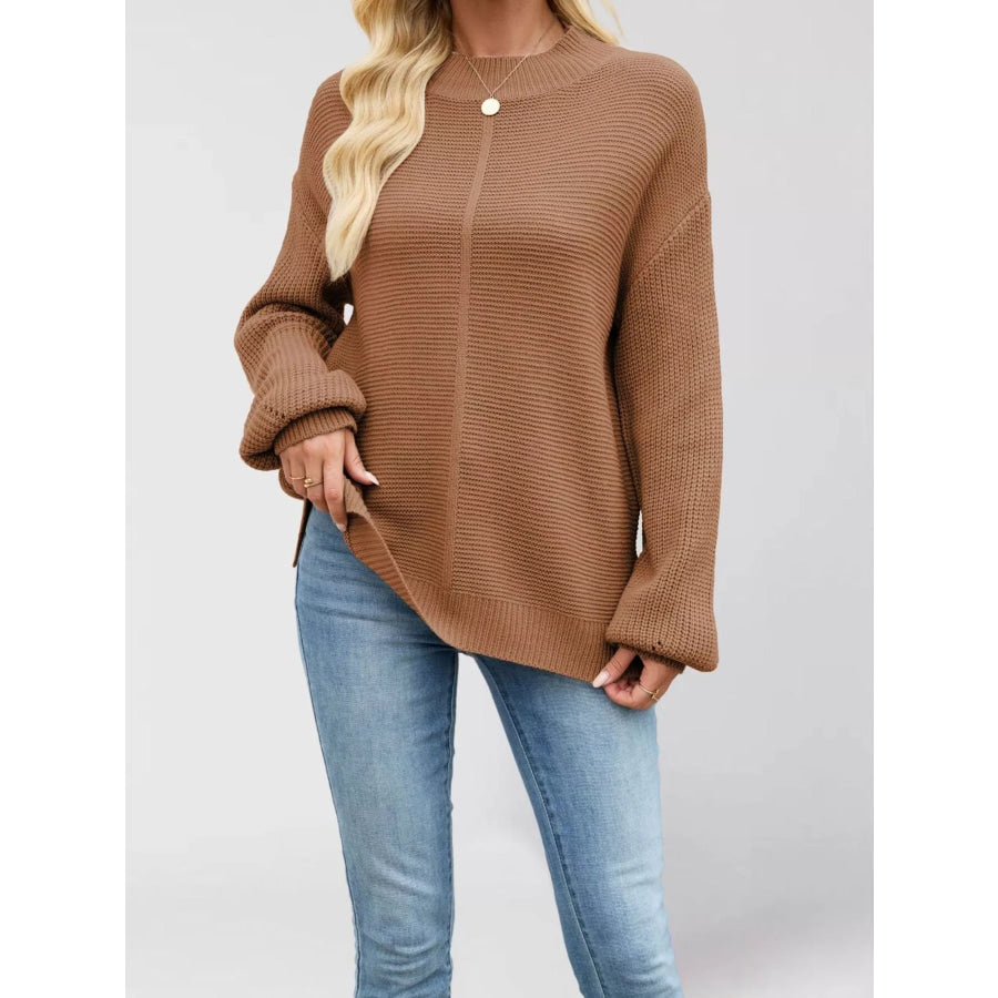 Ribbed Mock Neck Drop Shoulder Sweater Brown / S Apparel and Accessories