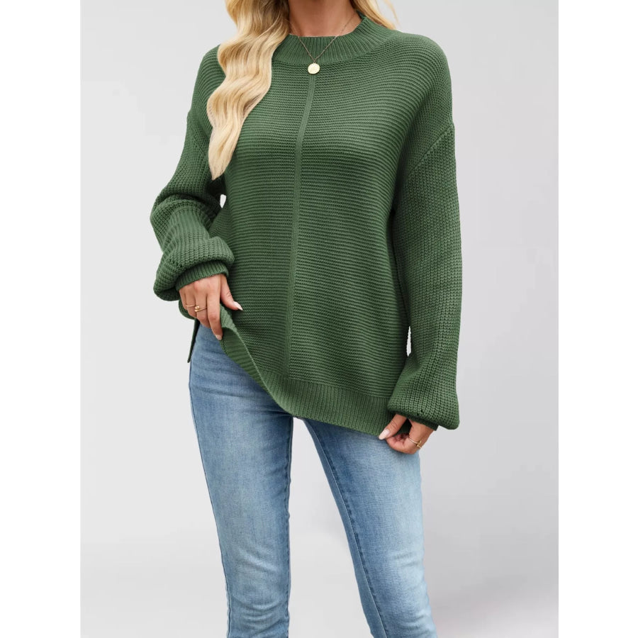 Ribbed Mock Neck Drop Shoulder Sweater Green / S Apparel and Accessories