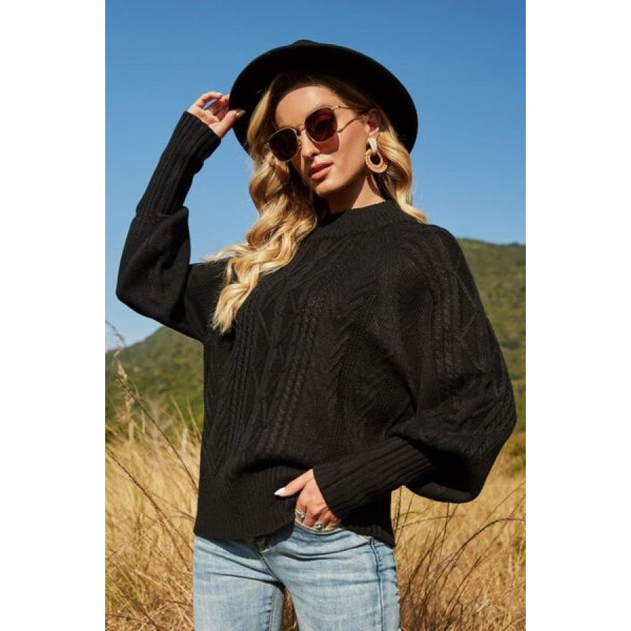 Ribbed Mock Neck Lantern Sleeve Sweater Black / S Clothing