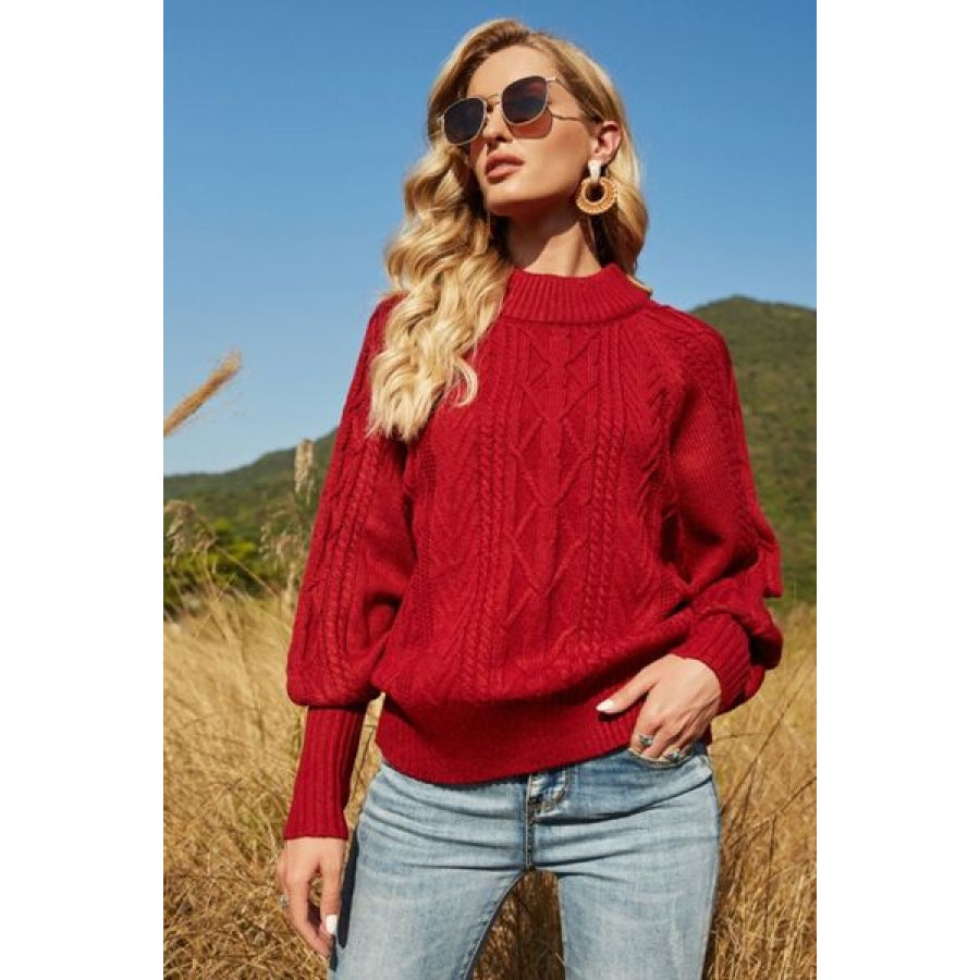 Ribbed Mock Neck Lantern Sleeve Sweater Clothing