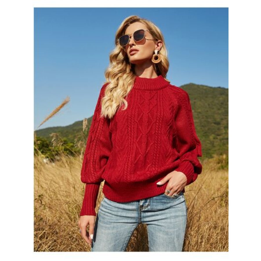 Ribbed Mock Neck Lantern Sleeve Sweater Deep Red / S Clothing