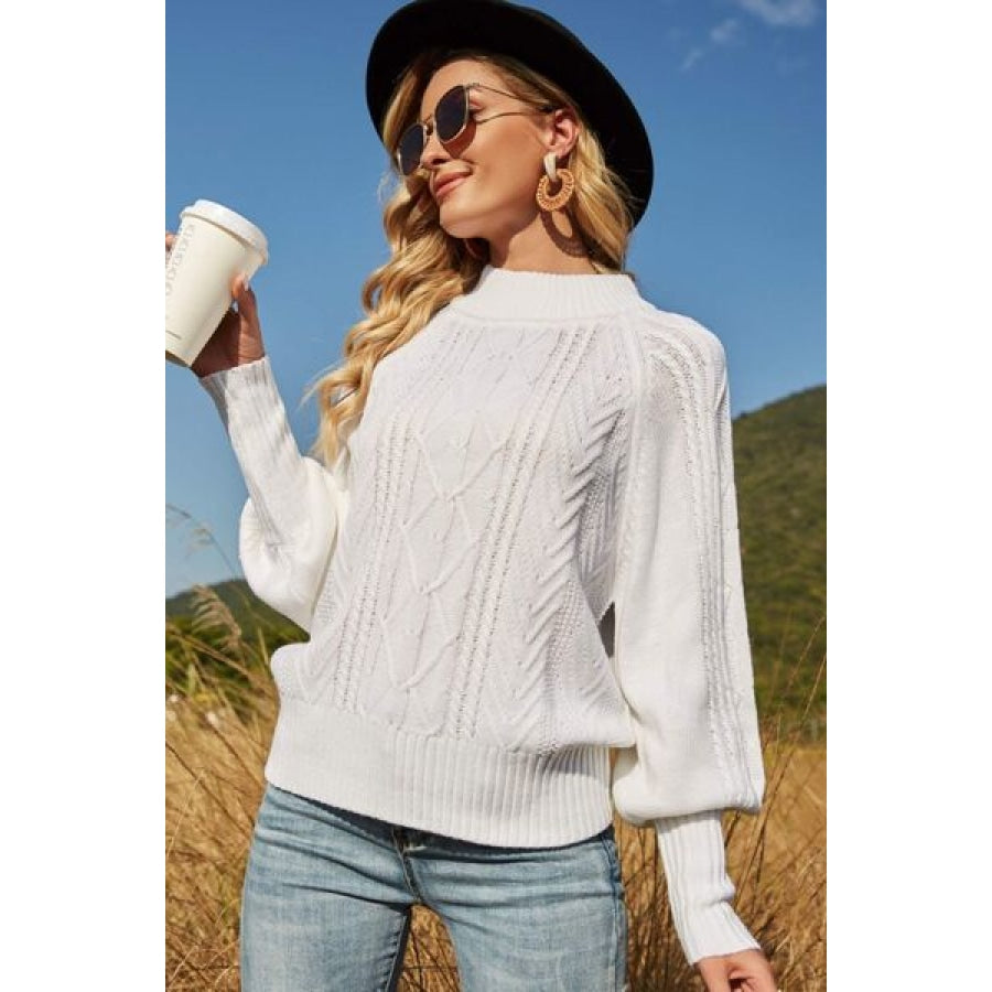 Ribbed Mock Neck Lantern Sleeve Sweater White / S Clothing