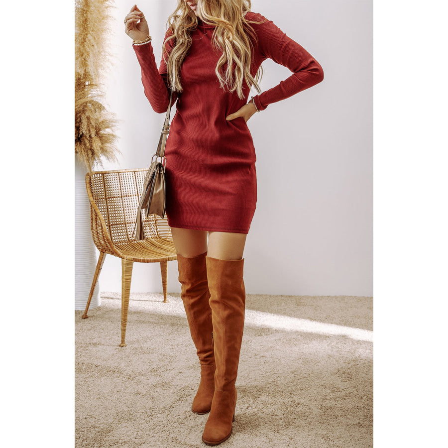 Ribbed Mock Neck Long Sleeve Mini Dress Apparel and Accessories