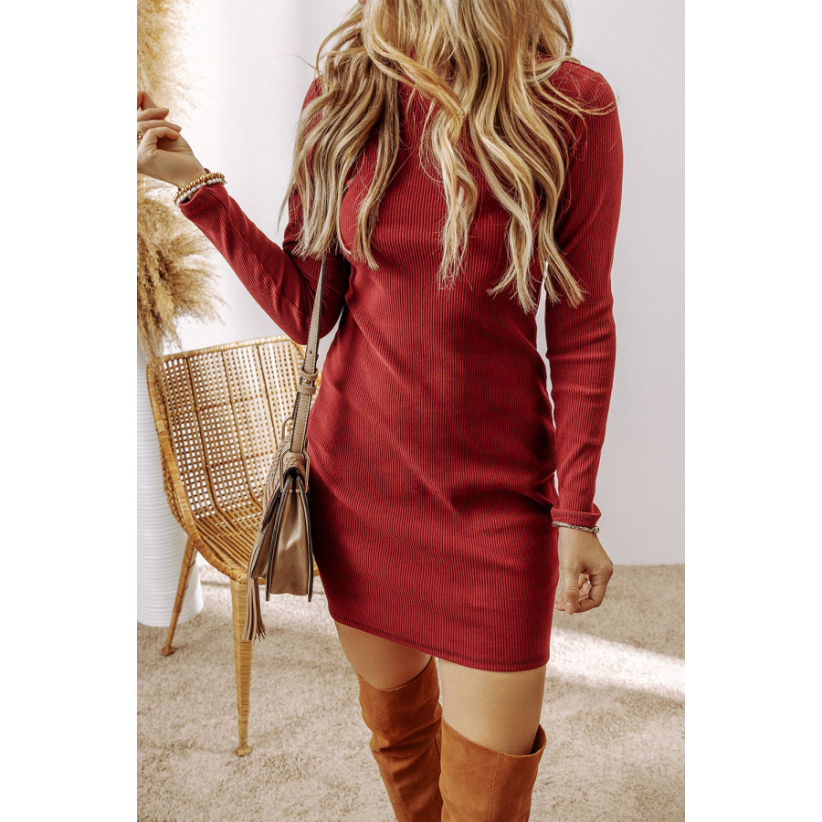 Ribbed Mock Neck Long Sleeve Mini Dress Apparel and Accessories