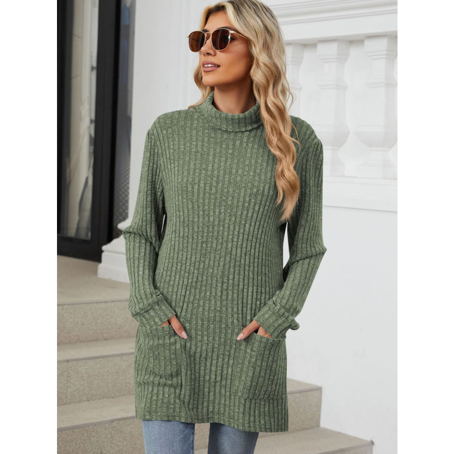 Ribbed Mock Neck Long Sleeve T-Shirt Apparel and Accessories