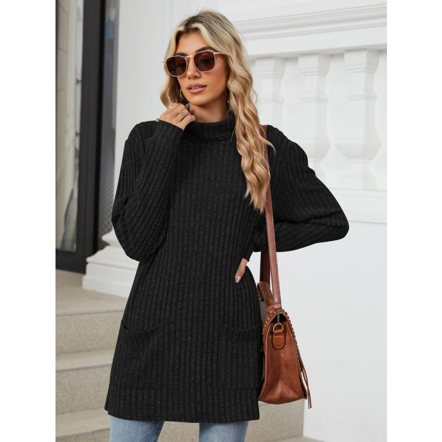 Ribbed Mock Neck Long Sleeve T-Shirt Apparel and Accessories