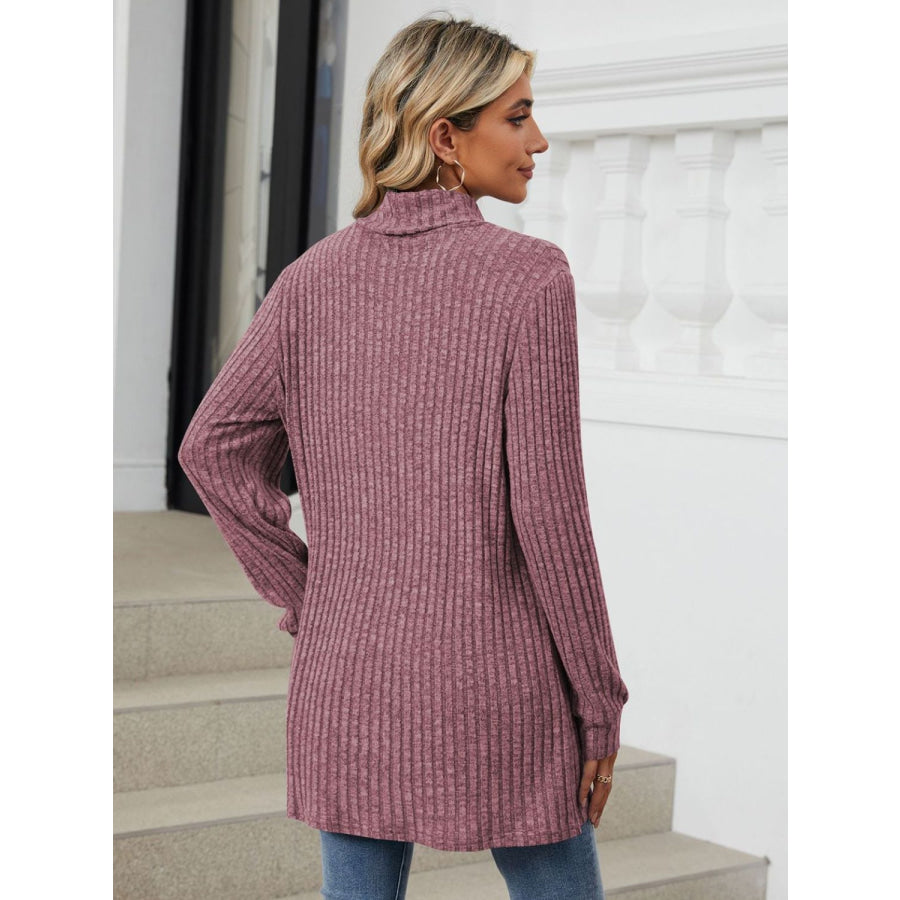 Ribbed Mock Neck Long Sleeve T-Shirt Mauve / S Apparel and Accessories