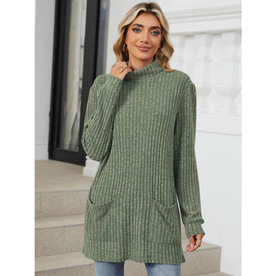Ribbed Mock Neck Long Sleeve T-Shirt Apparel and Accessories