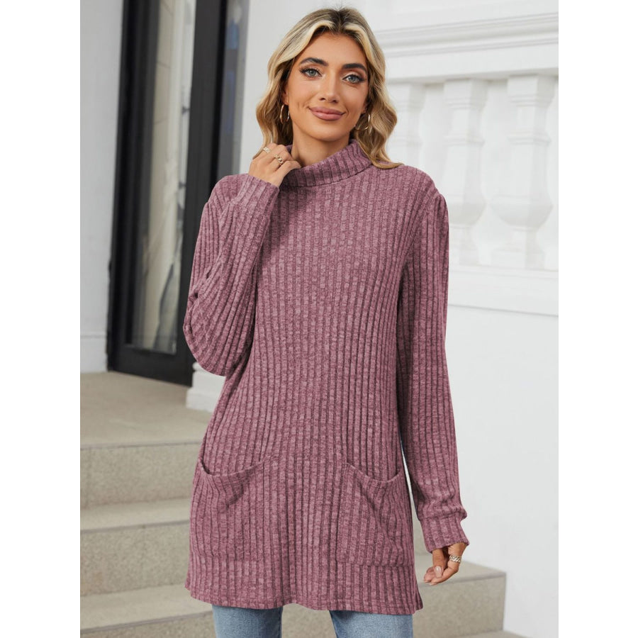 Ribbed Mock Neck Long Sleeve T-Shirt Apparel and Accessories