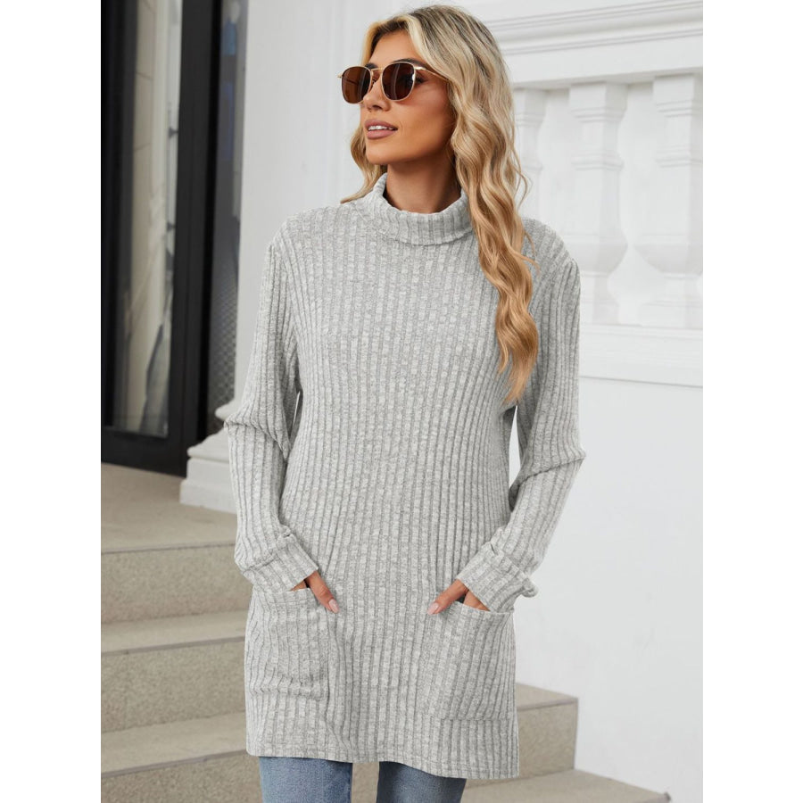 Ribbed Mock Neck Long Sleeve T-Shirt Apparel and Accessories