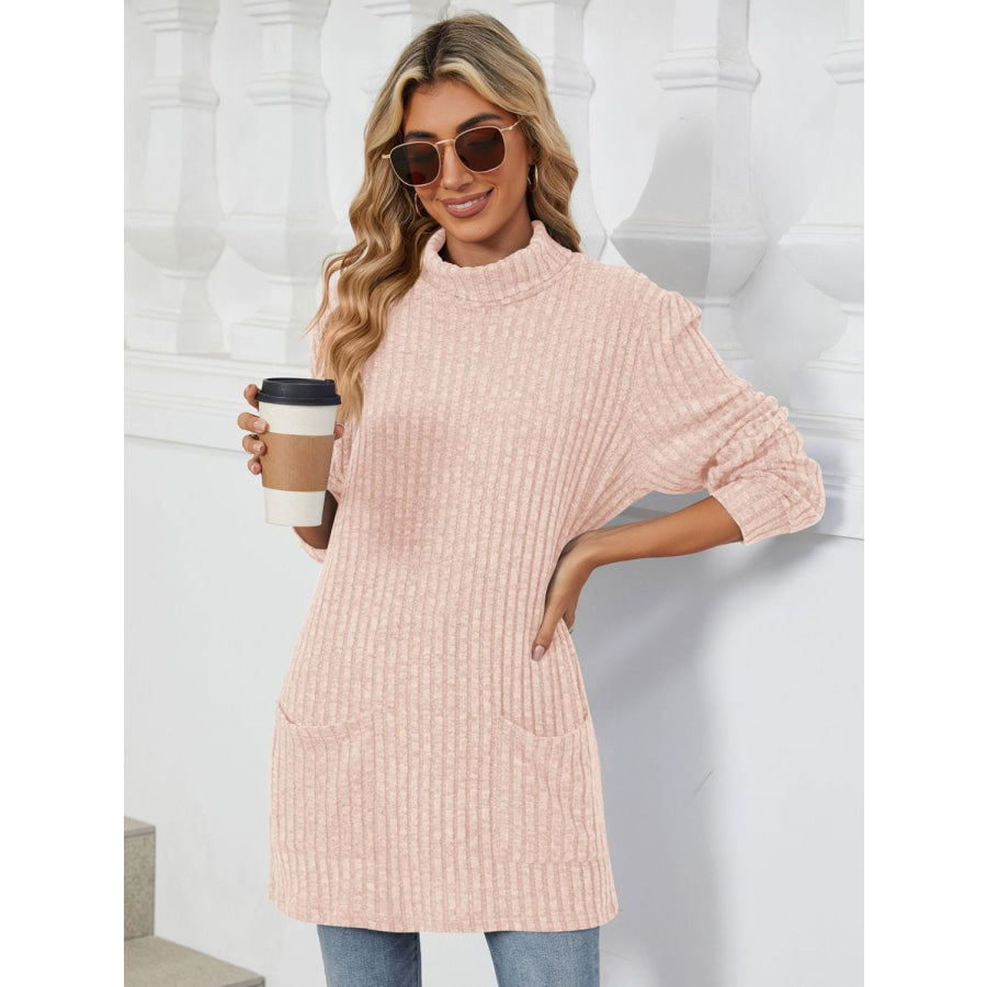 Ribbed Mock Neck Long Sleeve T-Shirt Apparel and Accessories