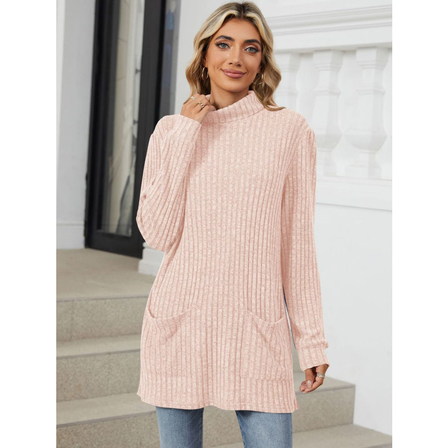 Ribbed Mock Neck Long Sleeve T-Shirt Apparel and Accessories