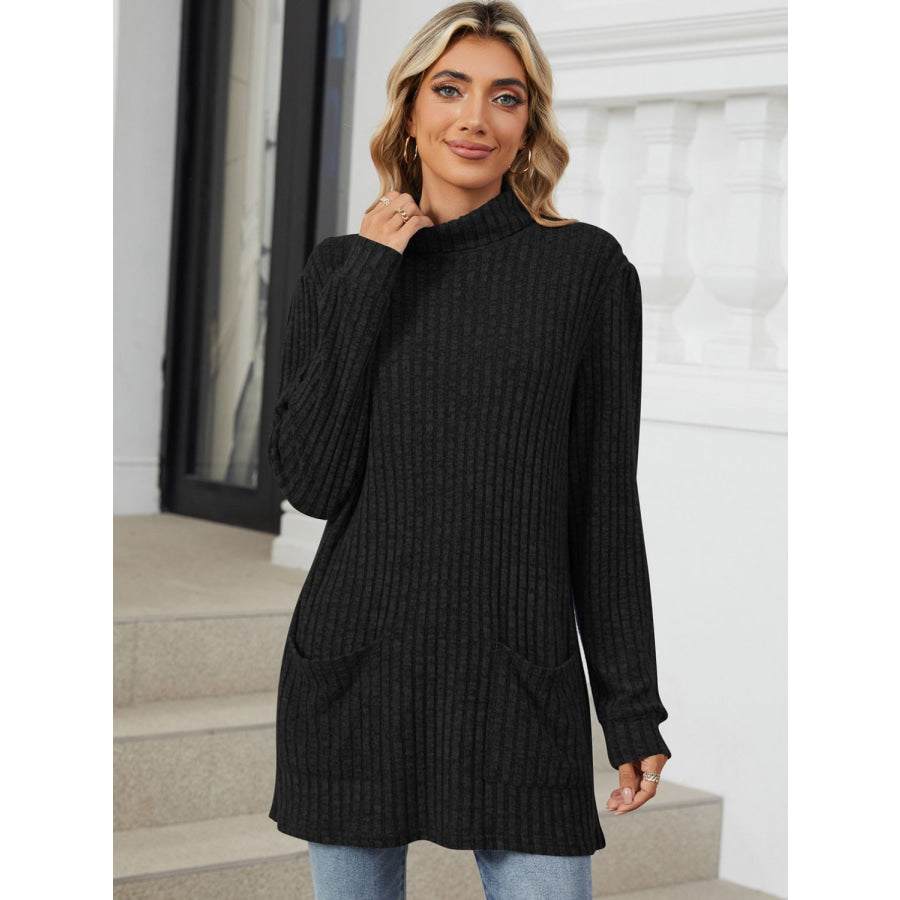 Ribbed Mock Neck Long Sleeve T-Shirt Apparel and Accessories