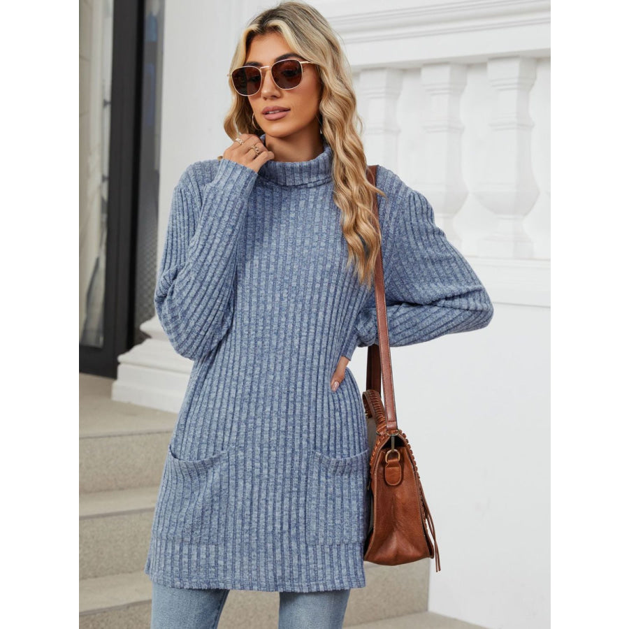 Ribbed Mock Neck Long Sleeve T-Shirt Apparel and Accessories