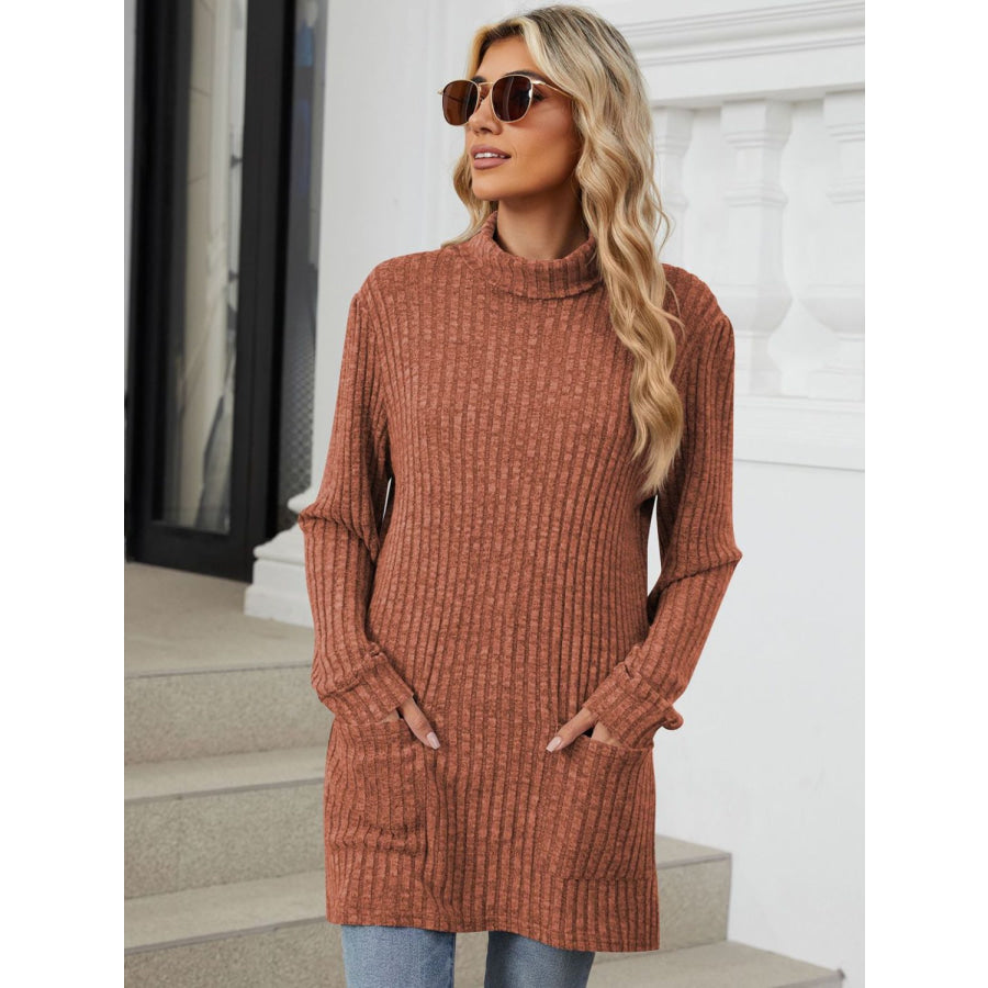 Ribbed Mock Neck Long Sleeve T-Shirt Apparel and Accessories