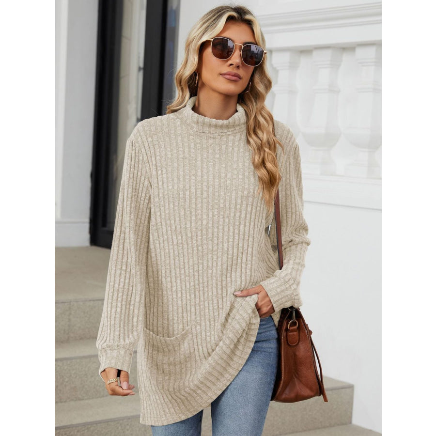 Ribbed Mock Neck Long Sleeve T-Shirt Apparel and Accessories