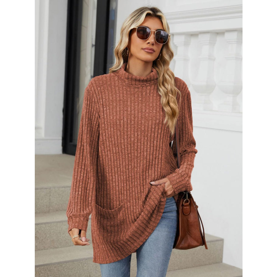 Ribbed Mock Neck Long Sleeve T-Shirt Apparel and Accessories