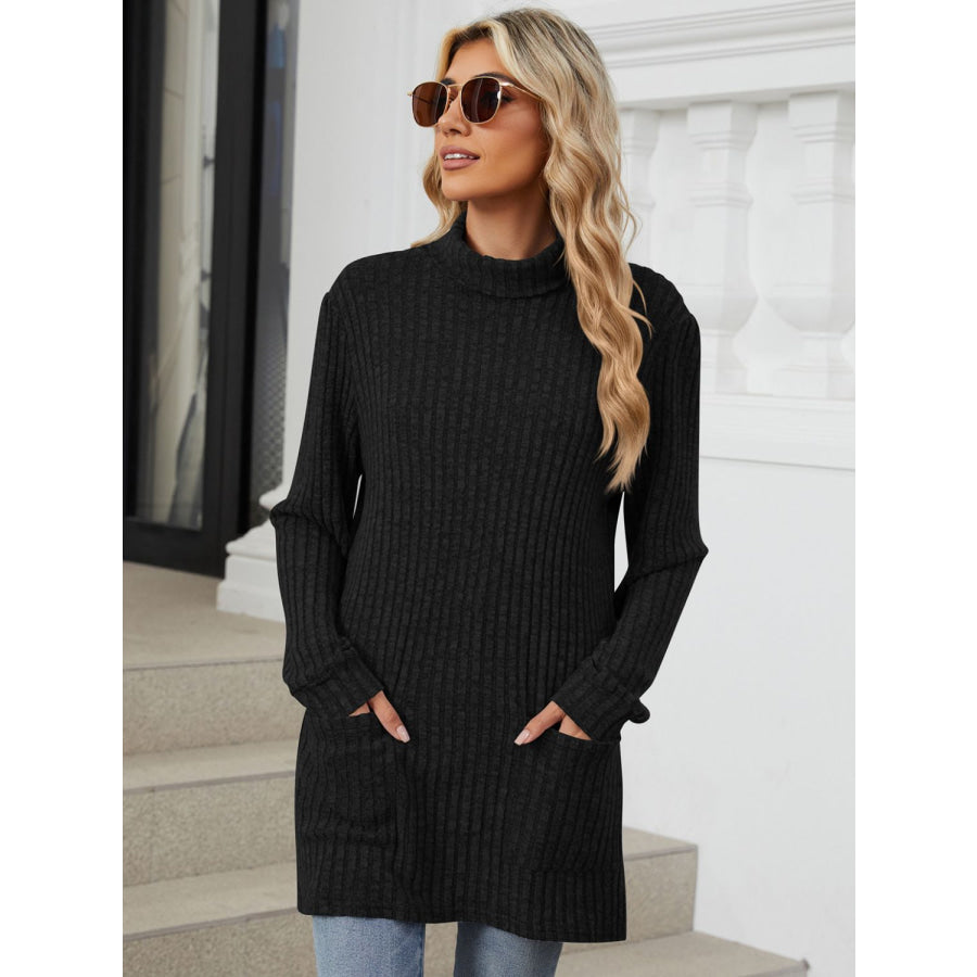 Ribbed Mock Neck Long Sleeve T-Shirt Apparel and Accessories