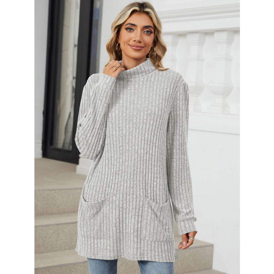 Ribbed Mock Neck Long Sleeve T-Shirt Apparel and Accessories