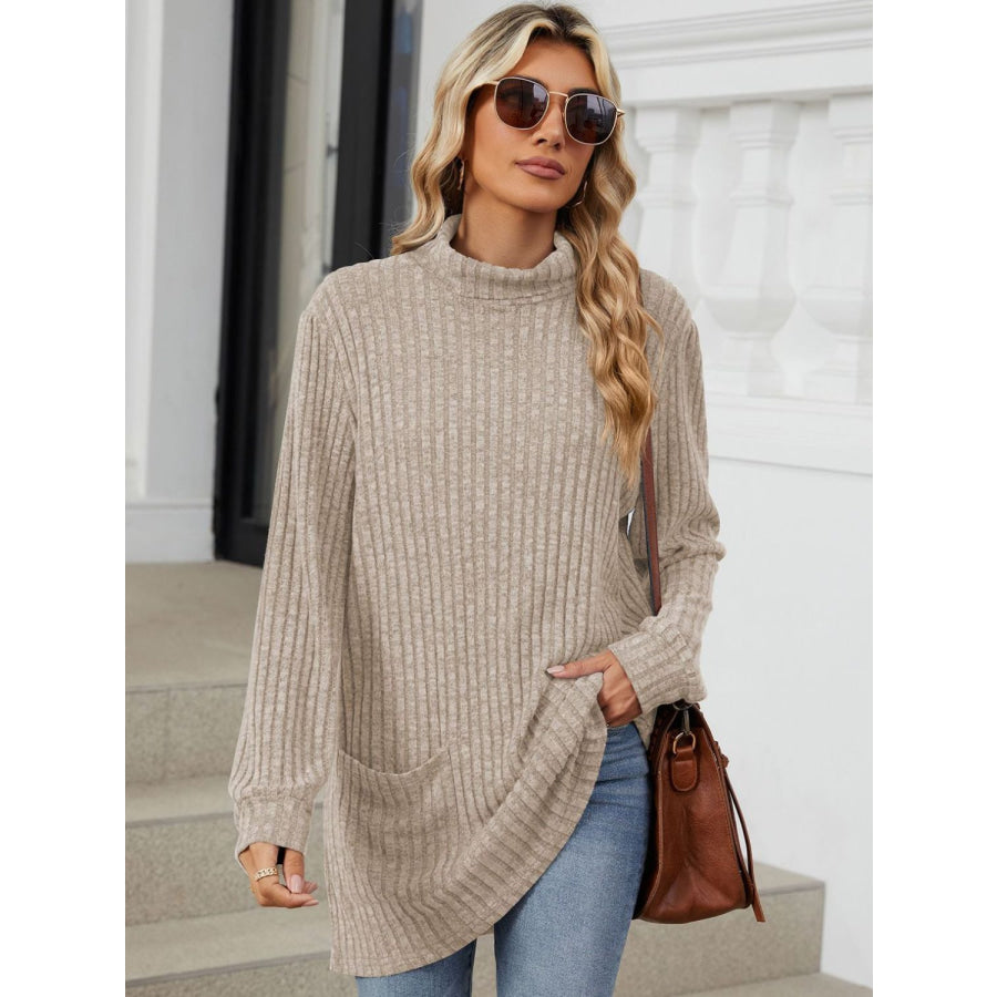 Ribbed Mock Neck Long Sleeve T-Shirt Apparel and Accessories