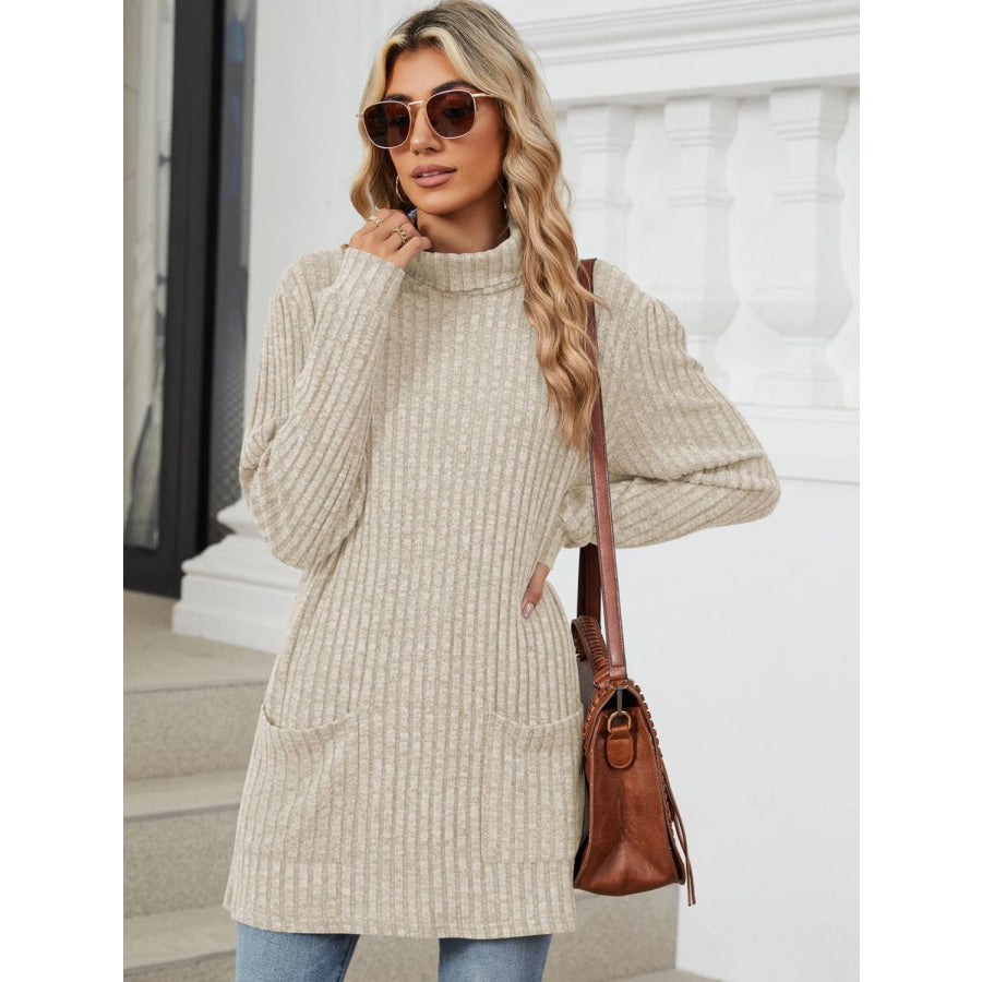 Ribbed Mock Neck Long Sleeve T-Shirt Apparel and Accessories