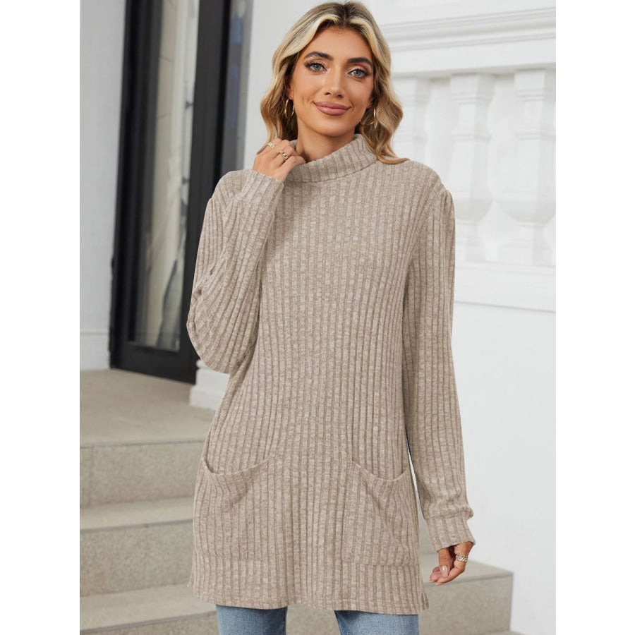 Ribbed Mock Neck Long Sleeve T-Shirt Apricot / S Apparel and Accessories