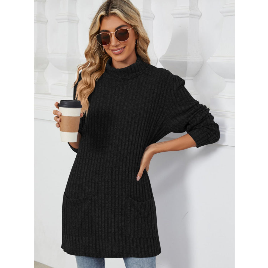Ribbed Mock Neck Long Sleeve T-Shirt Black / S Apparel and Accessories
