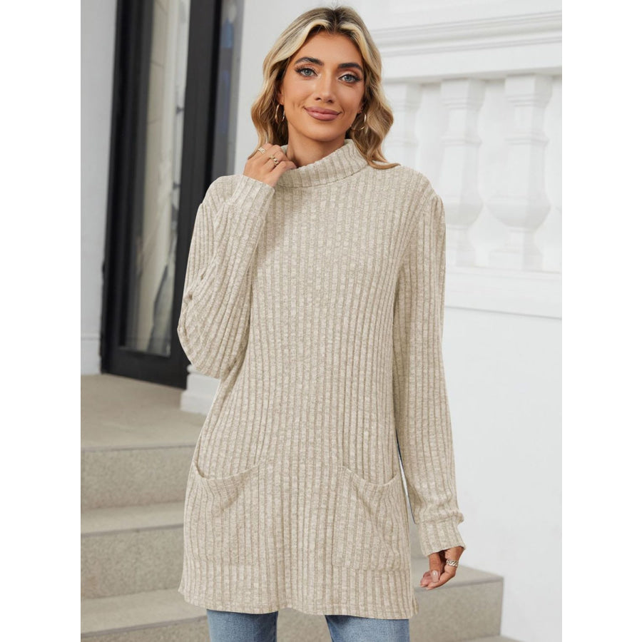 Ribbed Mock Neck Long Sleeve T-Shirt Cream / S Apparel and Accessories