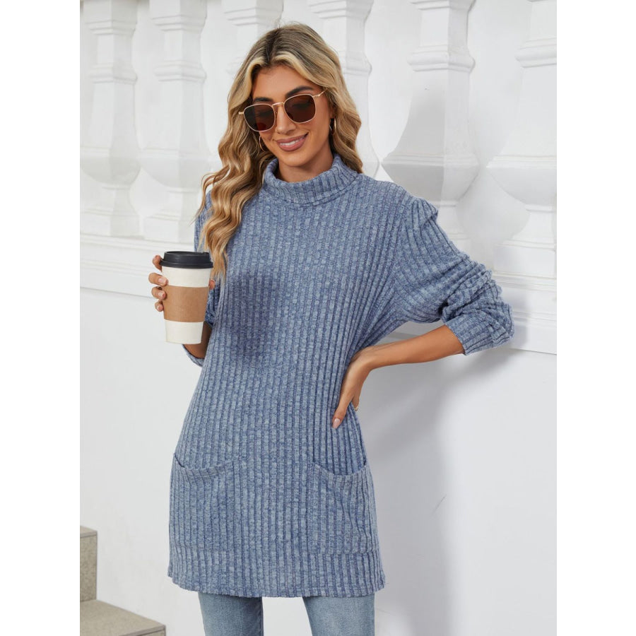 Ribbed Mock Neck Long Sleeve T-Shirt Dusty Blue / S Apparel and Accessories