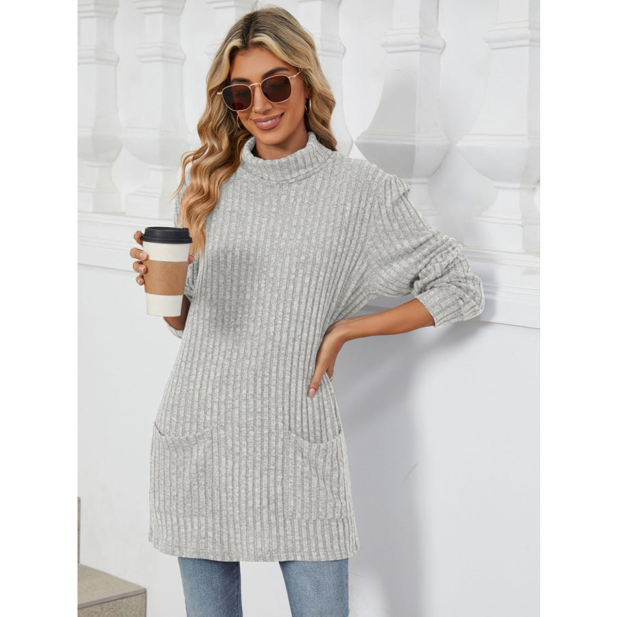 Ribbed Mock Neck Long Sleeve T-Shirt Light Gray / S Apparel and Accessories