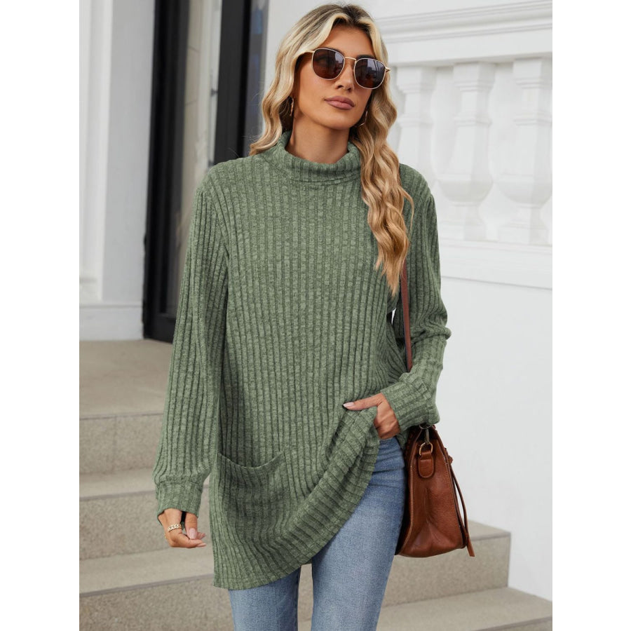 Ribbed Mock Neck Long Sleeve T-Shirt Matcha Green / S Apparel and Accessories