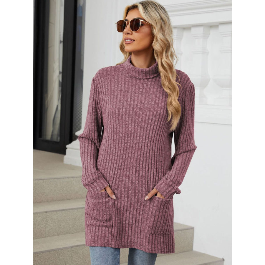 Ribbed Mock Neck Long Sleeve T-Shirt Mauve / S Apparel and Accessories