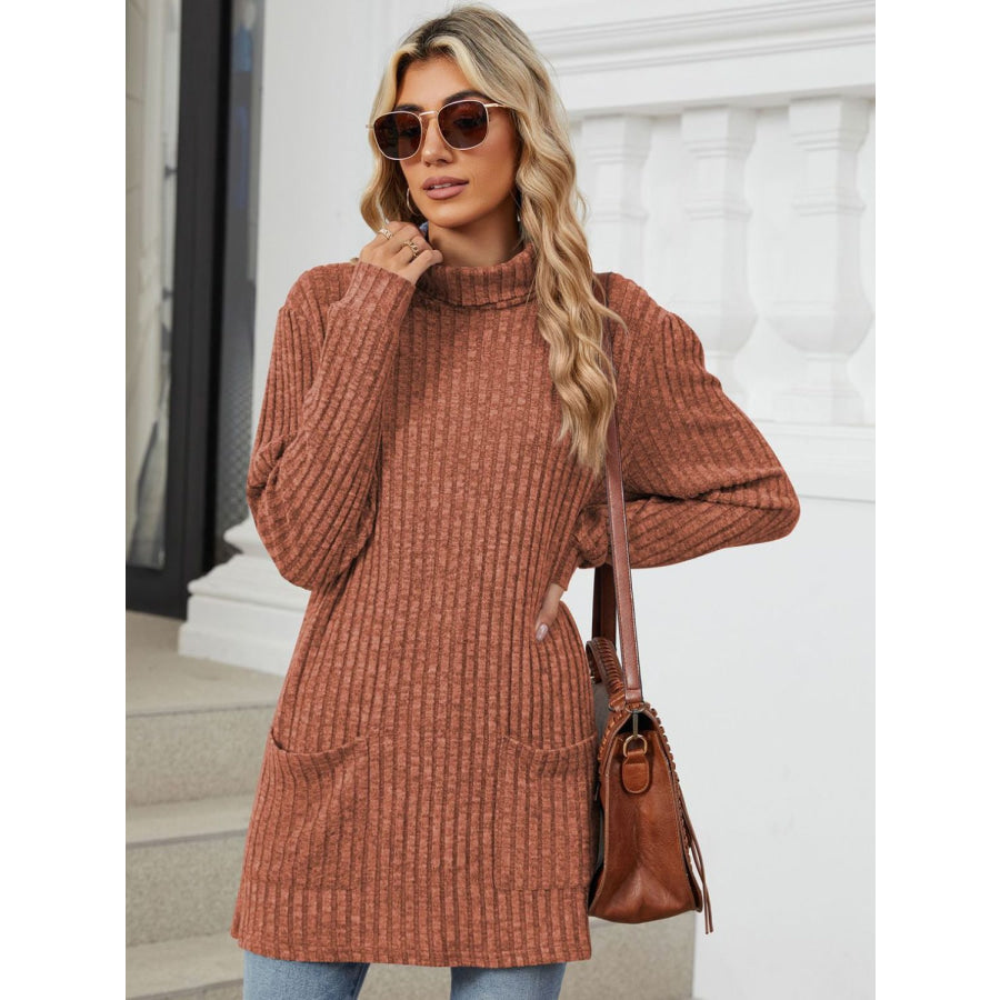 Ribbed Mock Neck Long Sleeve T-Shirt Orange-Red / S Apparel and Accessories