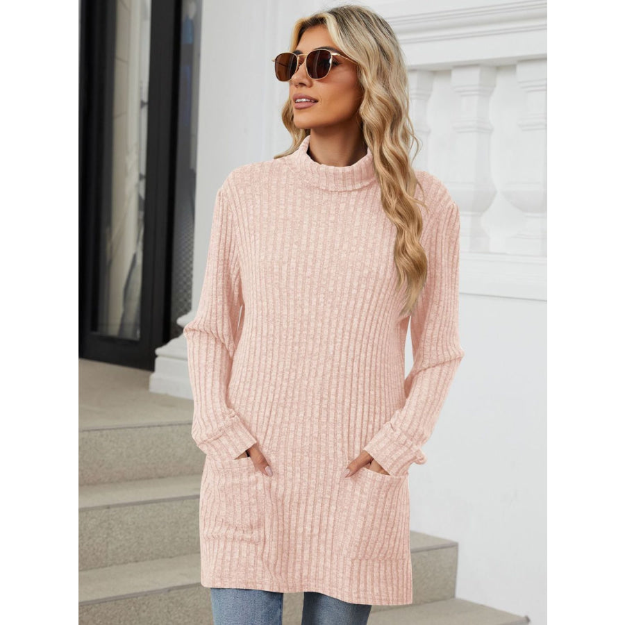 Ribbed Mock Neck Long Sleeve T-Shirt Watermelon pink / S Apparel and Accessories