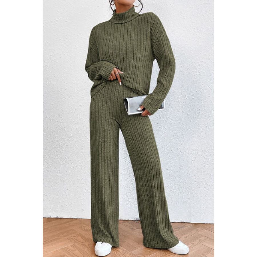 Ribbed Mock Neck Top and Pants Set Clothing