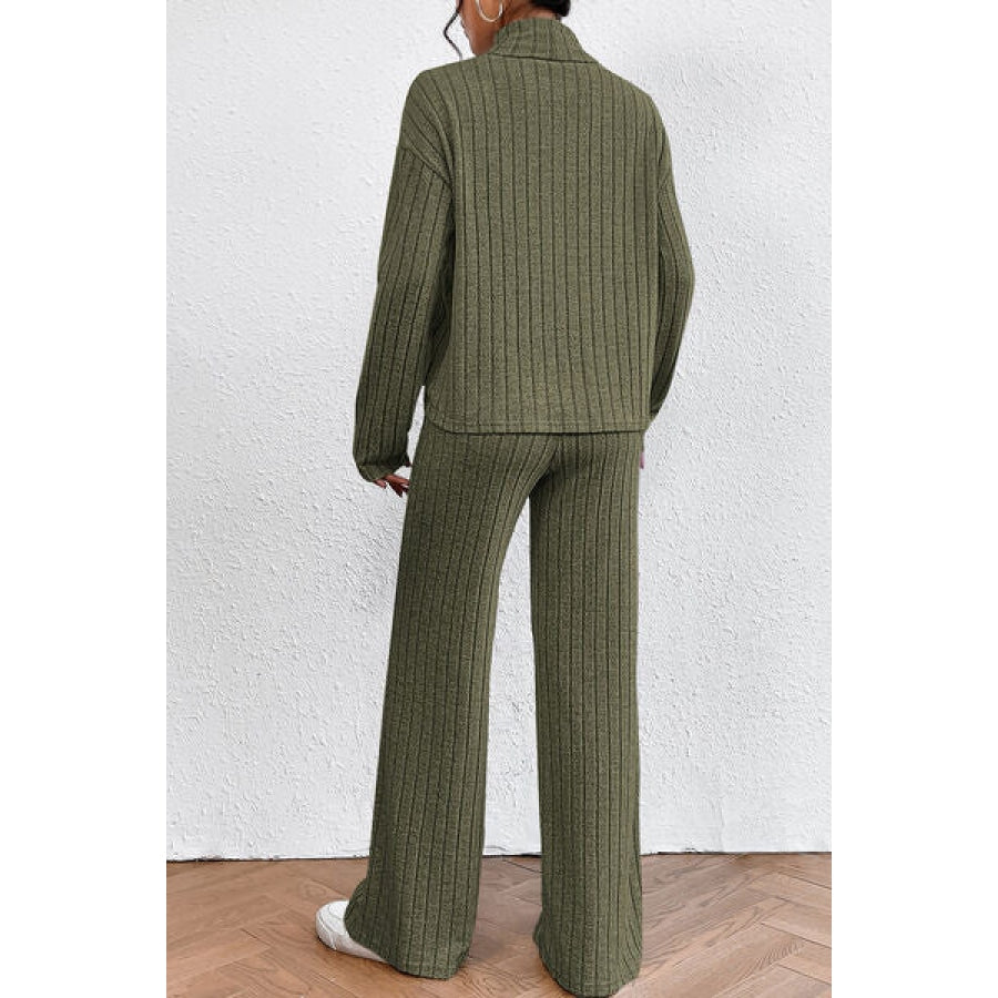 Ribbed Mock Neck Top and Pants Set Clothing