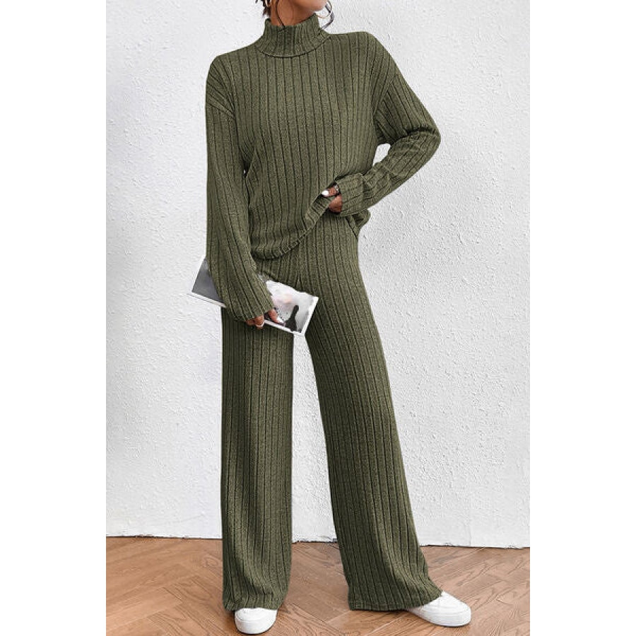 Ribbed Mock Neck Top and Pants Set Clothing