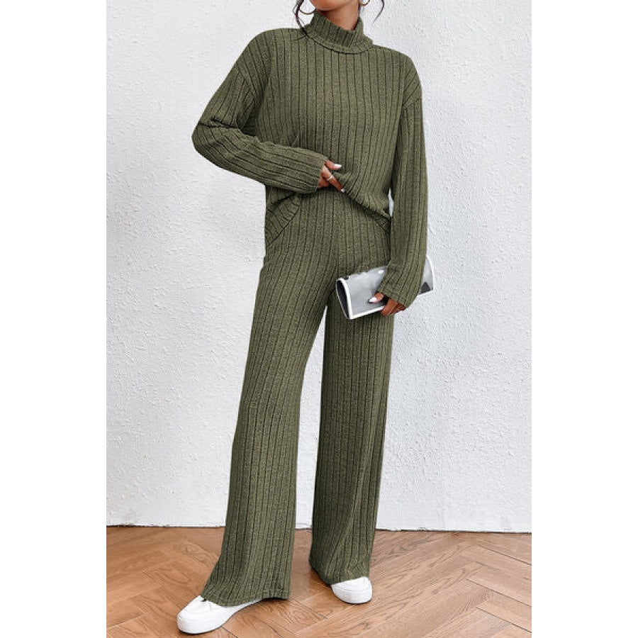 Ribbed Mock Neck Top and Pants Set Moss / S Clothing