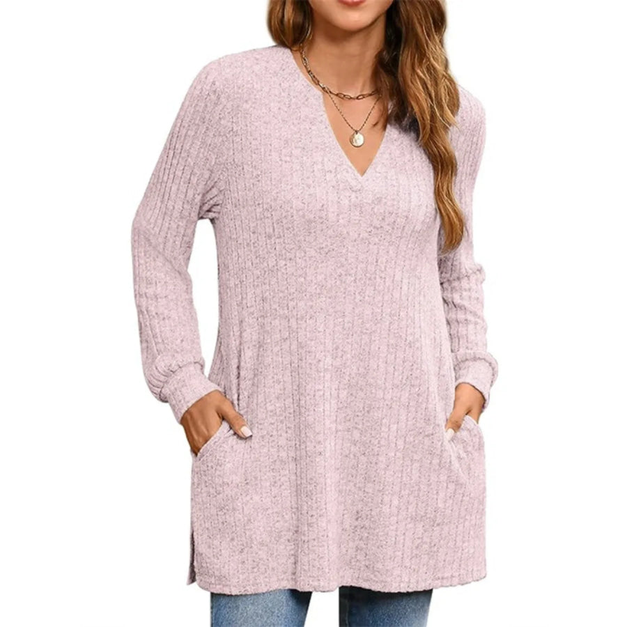 Ribbed Notched Long Sleeve T-Shirt Apparel and Accessories