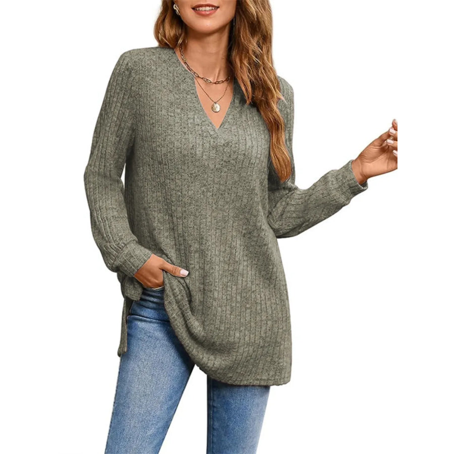 Ribbed Notched Long Sleeve T-Shirt Apparel and Accessories
