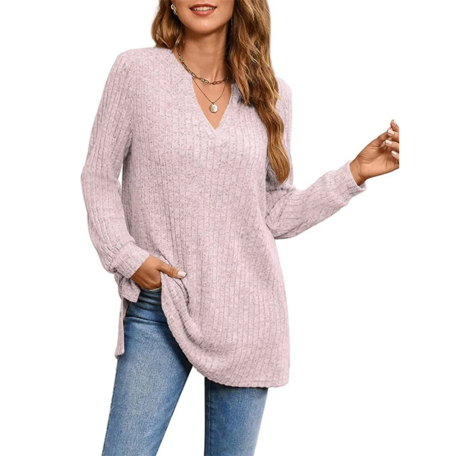 Ribbed Notched Long Sleeve T-Shirt Apparel and Accessories