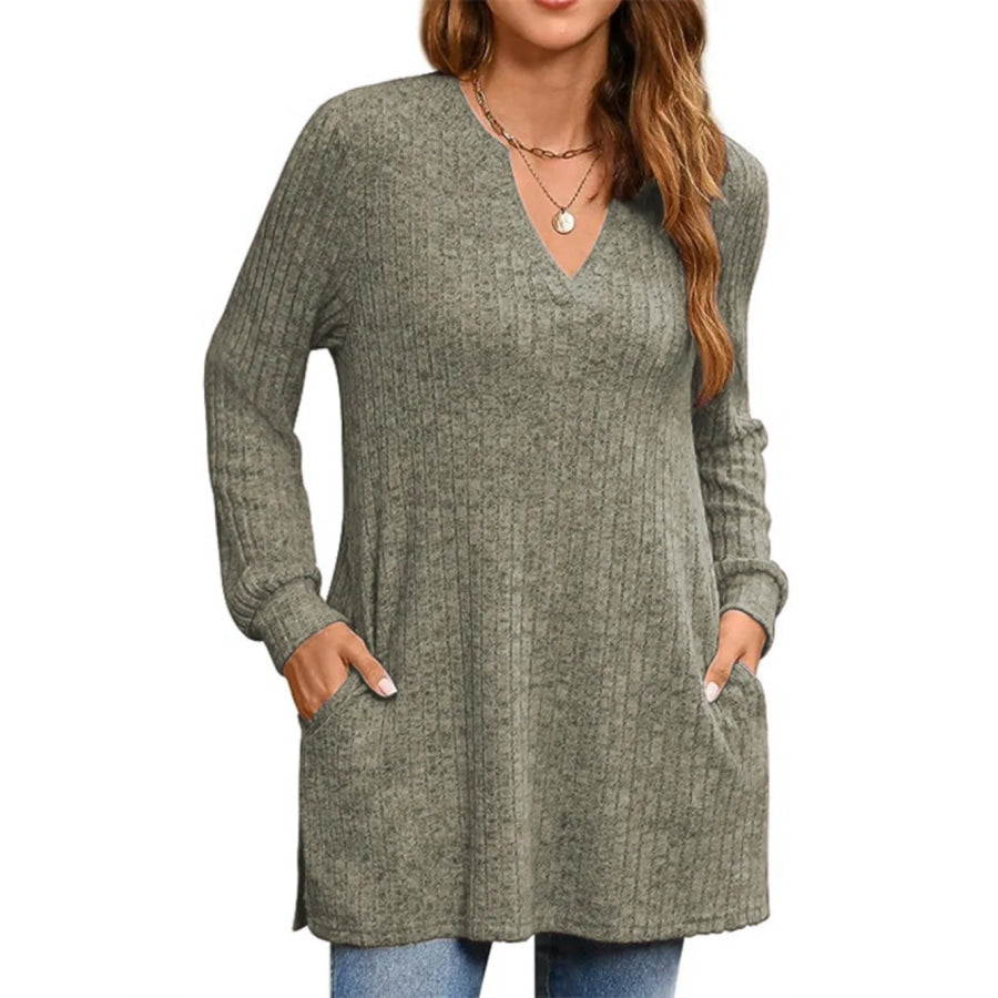 Ribbed Notched Long Sleeve T-Shirt Apparel and Accessories