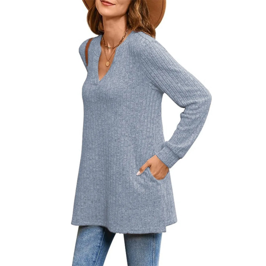 Ribbed Notched Long Sleeve T-Shirt Apparel and Accessories