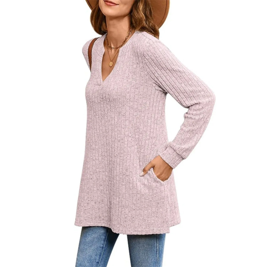 Ribbed Notched Long Sleeve T-Shirt Apparel and Accessories