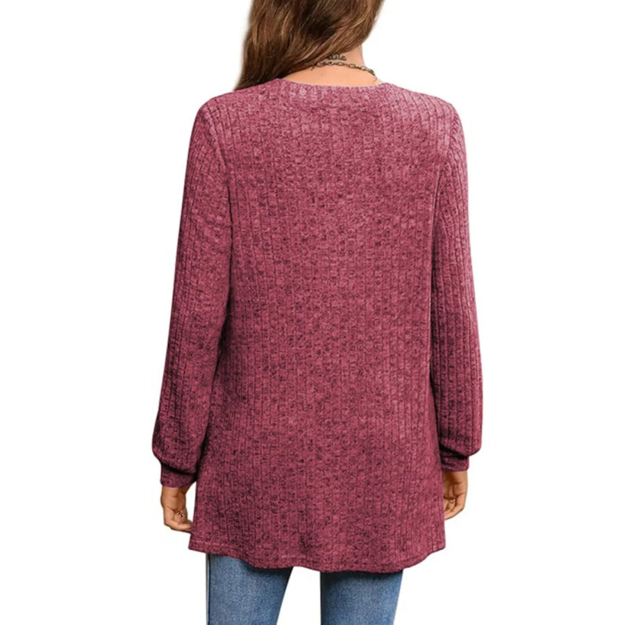 Ribbed Notched Long Sleeve T-Shirt Apparel and Accessories