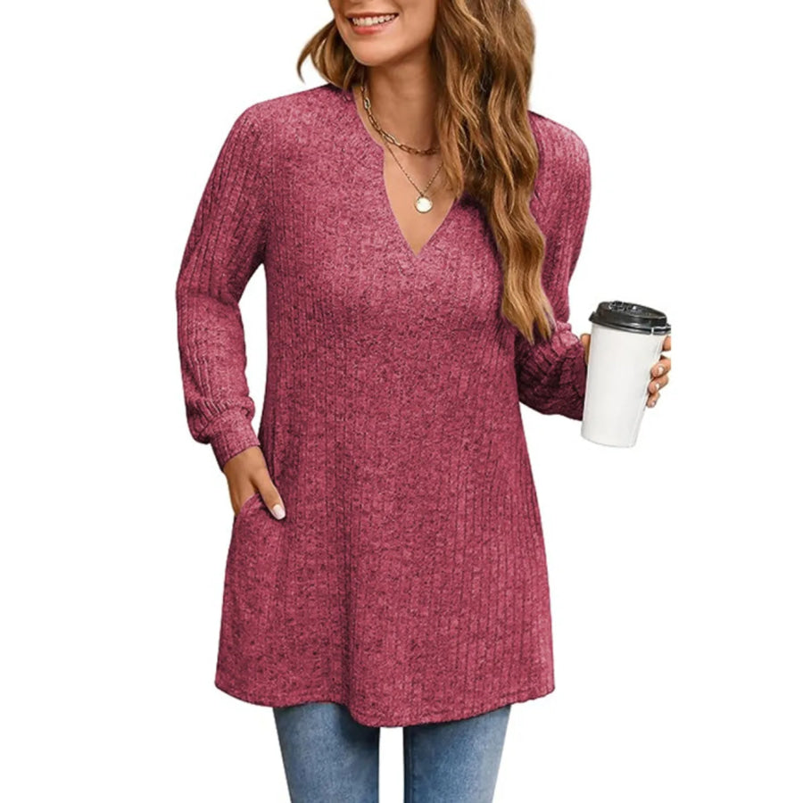 Ribbed Notched Long Sleeve T-Shirt Apparel and Accessories