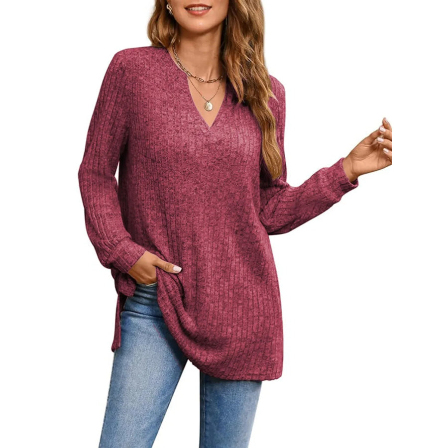 Ribbed Notched Long Sleeve T-Shirt Apparel and Accessories