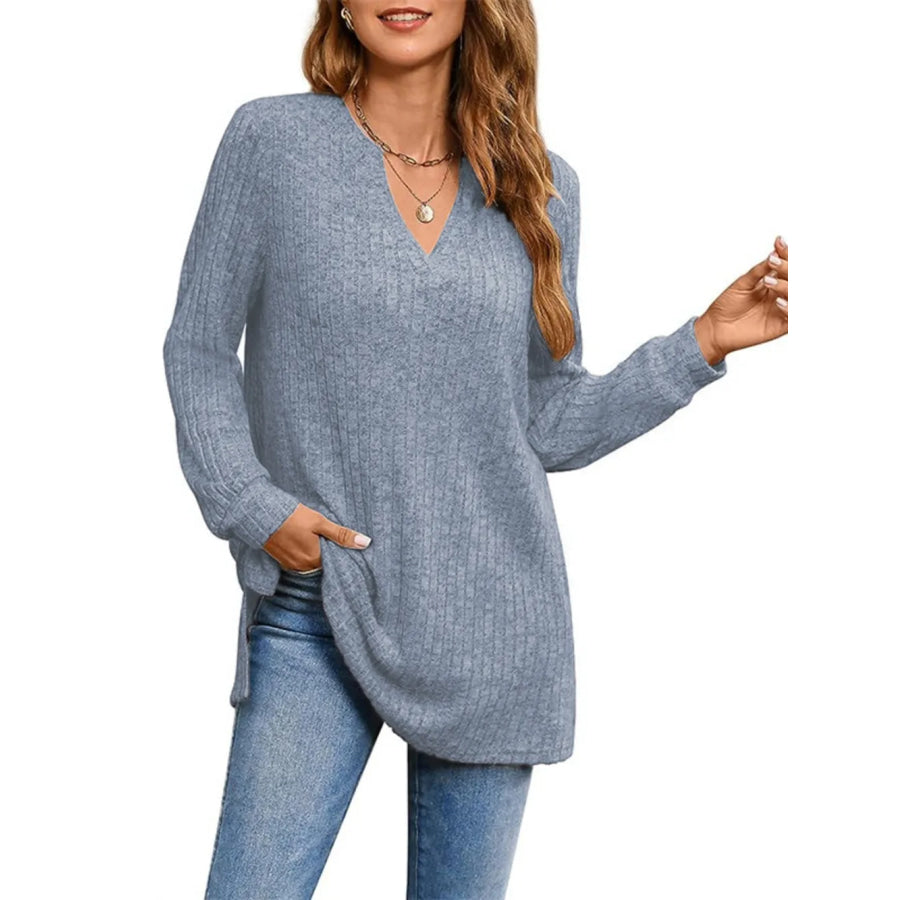 Ribbed Notched Long Sleeve T-Shirt Apparel and Accessories