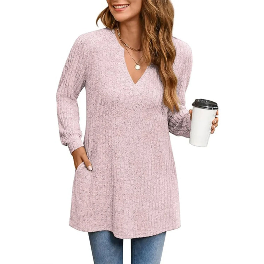Ribbed Notched Long Sleeve T-Shirt Apparel and Accessories