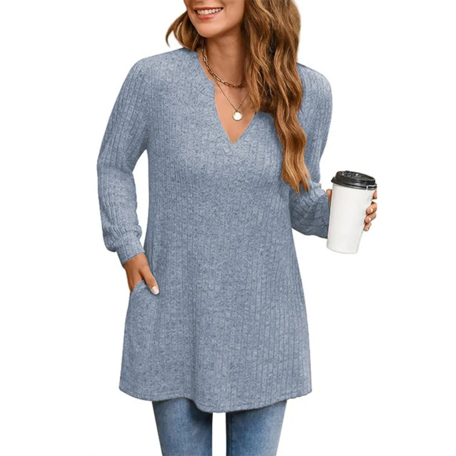 Ribbed Notched Long Sleeve T-Shirt Apparel and Accessories